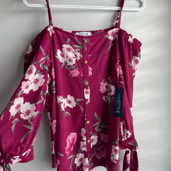 Floral Print Magenta Off the Shoulder Tie Up Button Down Blouse - Picture 2 of 5